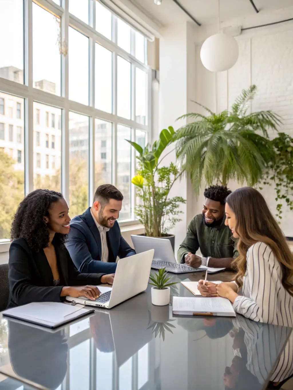 A photo of a leadership team in a strategic meeting, discussing plans around a conference table, showcasing effective leadership.