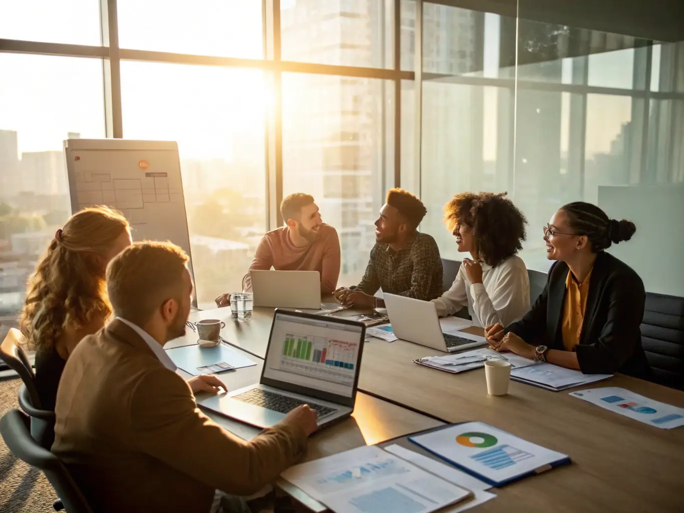 A photo of a leadership team in a strategic meeting, discussing plans around a conference table, illustrating the development of leadership cadence.