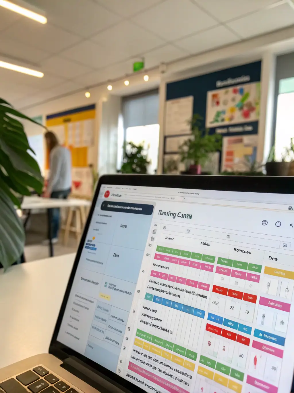 A professional photo of a well-organized project management dashboard on a computer screen, showcasing tasks, timelines, and resource allocation, symbolizing efficient operational systems implementation.