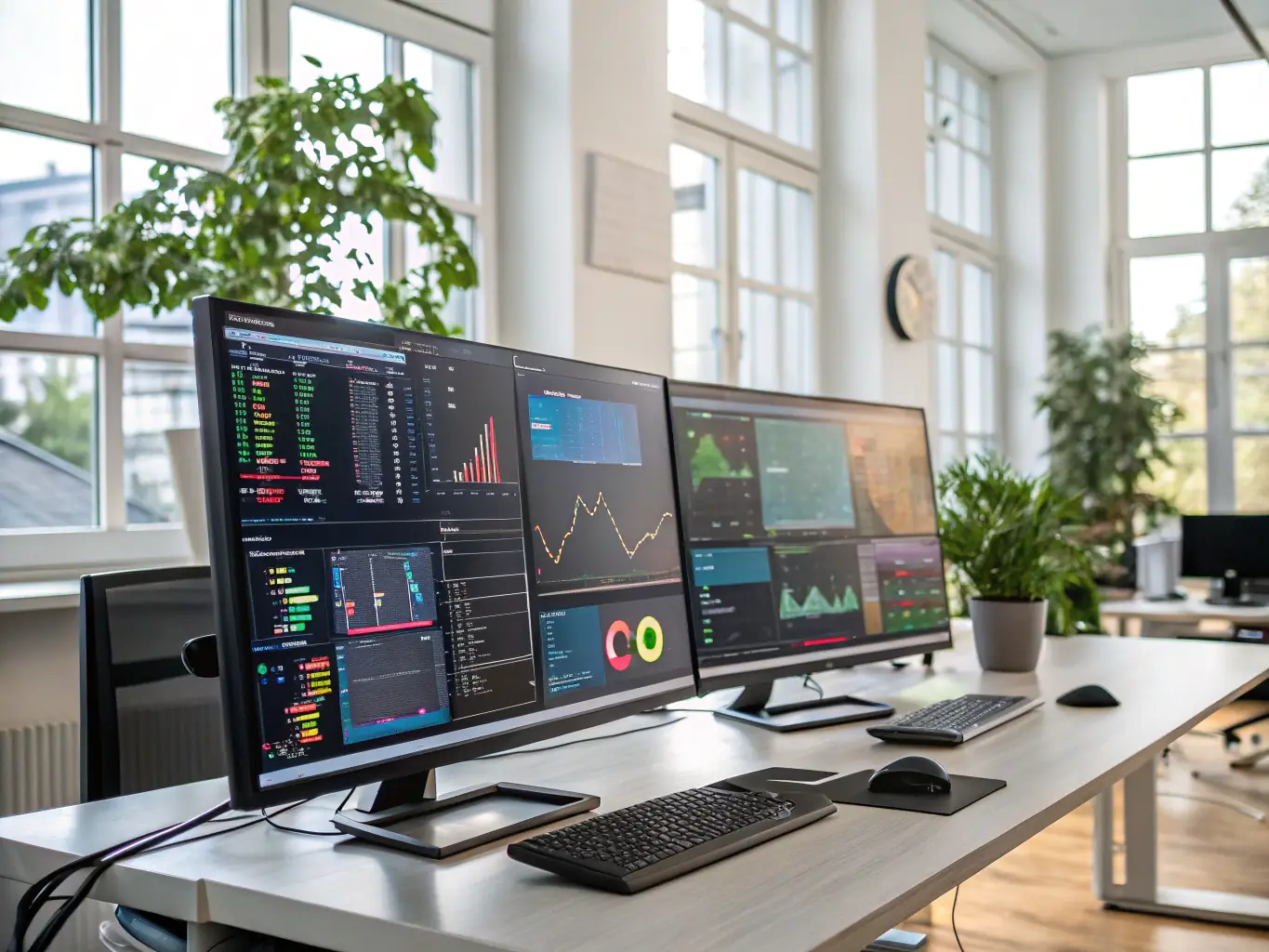 An image of a modern office workspace with flowcharts and digital dashboards illustrating operational processes, symbolizing the implementation of effective operational systems.