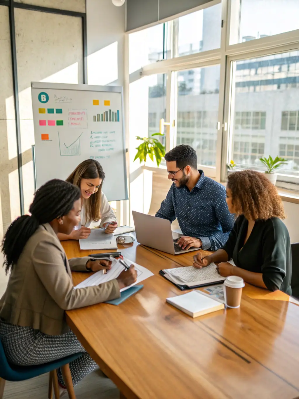 A photo of a diverse leadership team engaged in a structured meeting, with clear agendas and action items visible on a whiteboard, illustrating effective leadership cadence.
